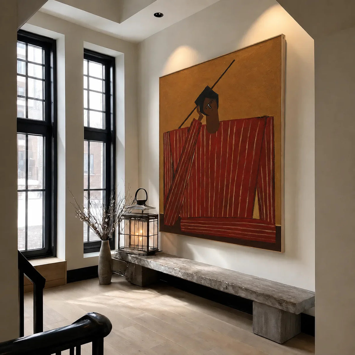 Quiet Figure in Red Stripes and Ochre Wall Art styled interior scene 4 | Olyrel