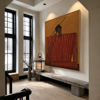 Quiet Figure in Red Stripes and Ochre Wall Art styled interior scene 4 | Olyrel
