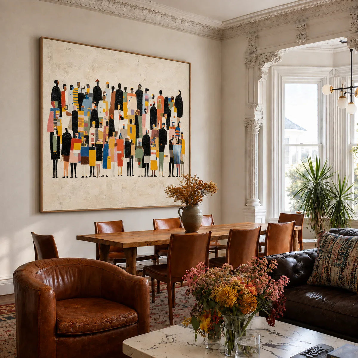 Colorful Gathering on a Cream Ground Wall Art styled interior scene 1 | Olyrel
