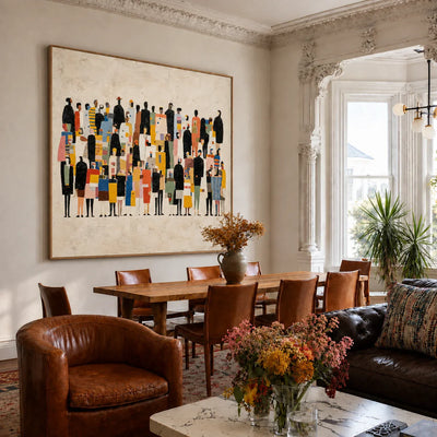 Colorful Gathering on a Cream Ground Wall Art styled interior scene 1 | Olyrel