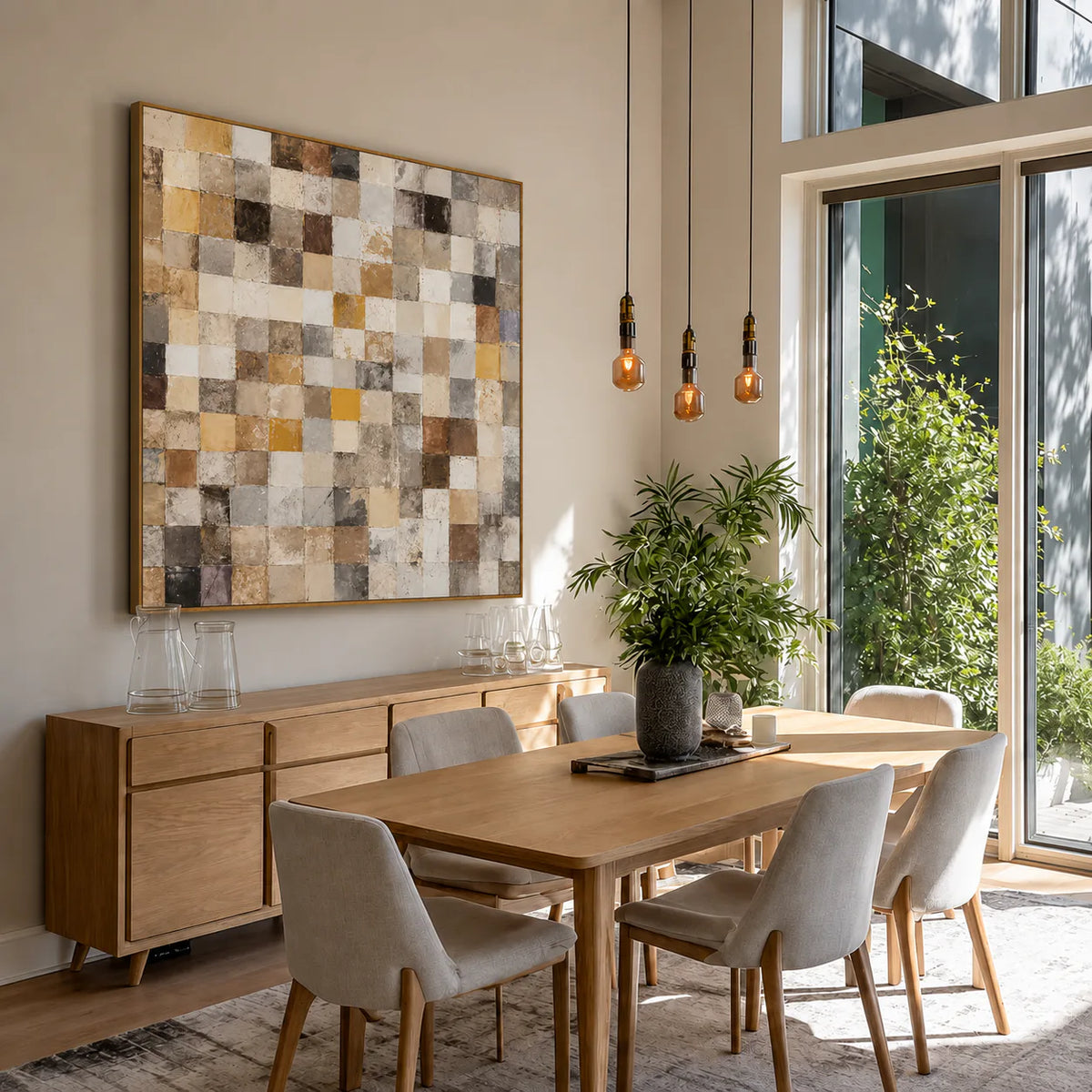Warm Ochre and Stone Checkerboard Wall Art styled interior scene 1 | Olyrel