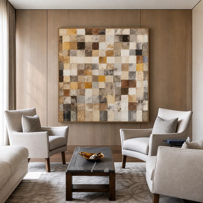 Warm Ochre and Stone Checkerboard Wall Art styled interior scene 2 | Olyrel