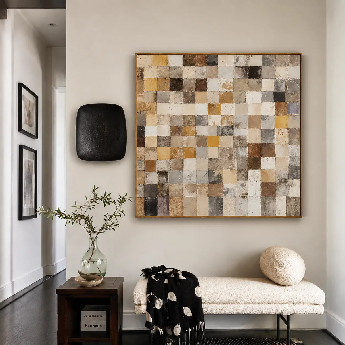 Warm Ochre and Stone Checkerboard Wall Art styled interior scene 3 | Olyrel