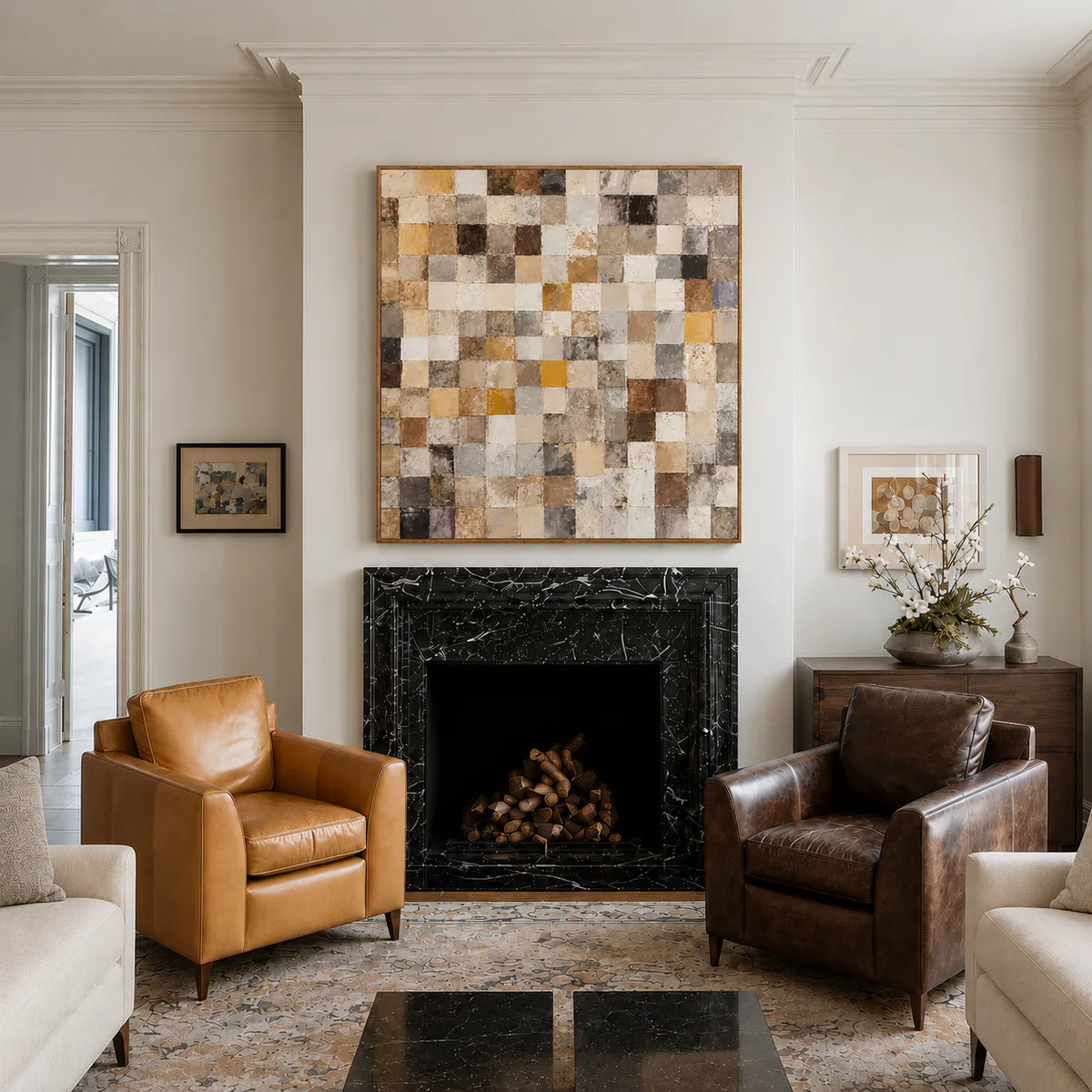 Warm Ochre and Stone Checkerboard Wall Art styled interior scene 5 | Olyrel