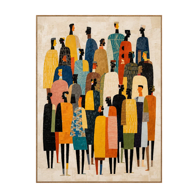 Tall Gathering in Mustard Teal and Black Wall Art | Olyrel