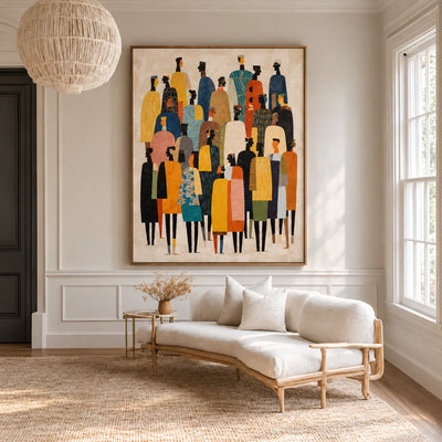 Tall Gathering in Mustard Teal and Black Wall Art styled interior scene 1 | Olyrel
