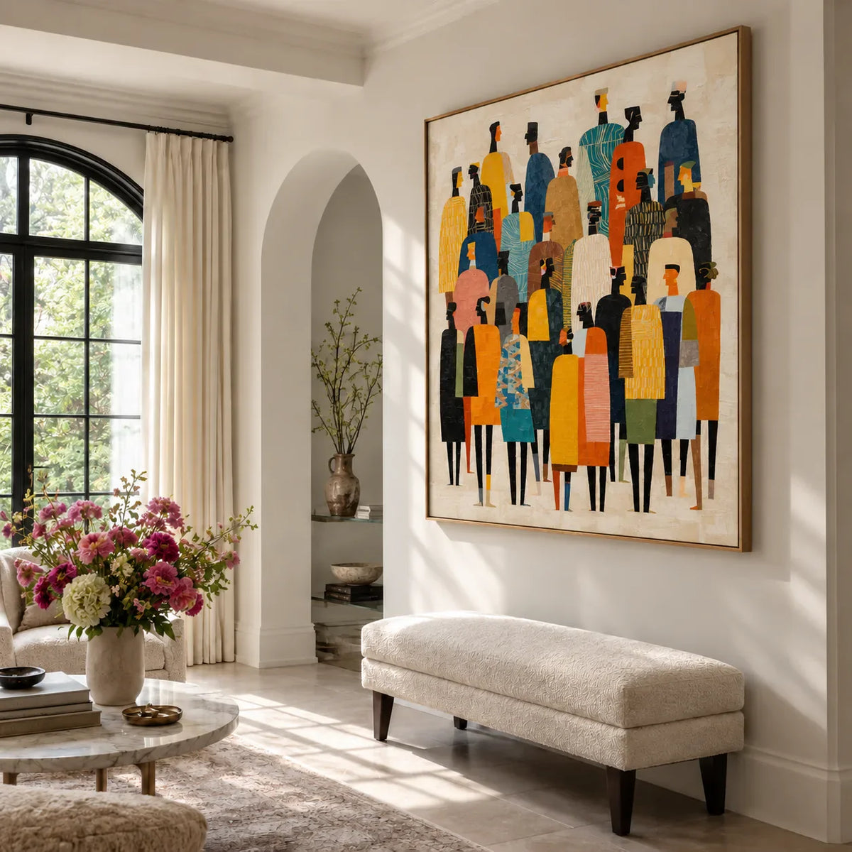 Tall Gathering in Mustard Teal and Black Wall Art styled interior scene 3 | Olyrel