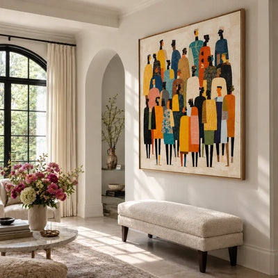 Tall Gathering in Mustard Teal and Black Wall Art styled interior scene 3 | Olyrel