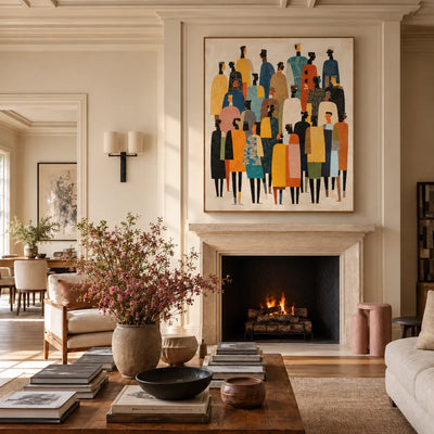 Tall Gathering in Mustard Teal and Black Wall Art styled interior scene 4 | Olyrel