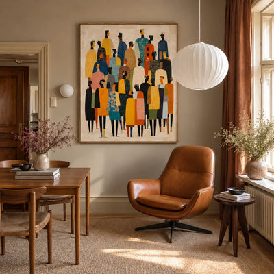 Tall Gathering in Mustard Teal and Black Wall Art styled interior scene 5 | Olyrel