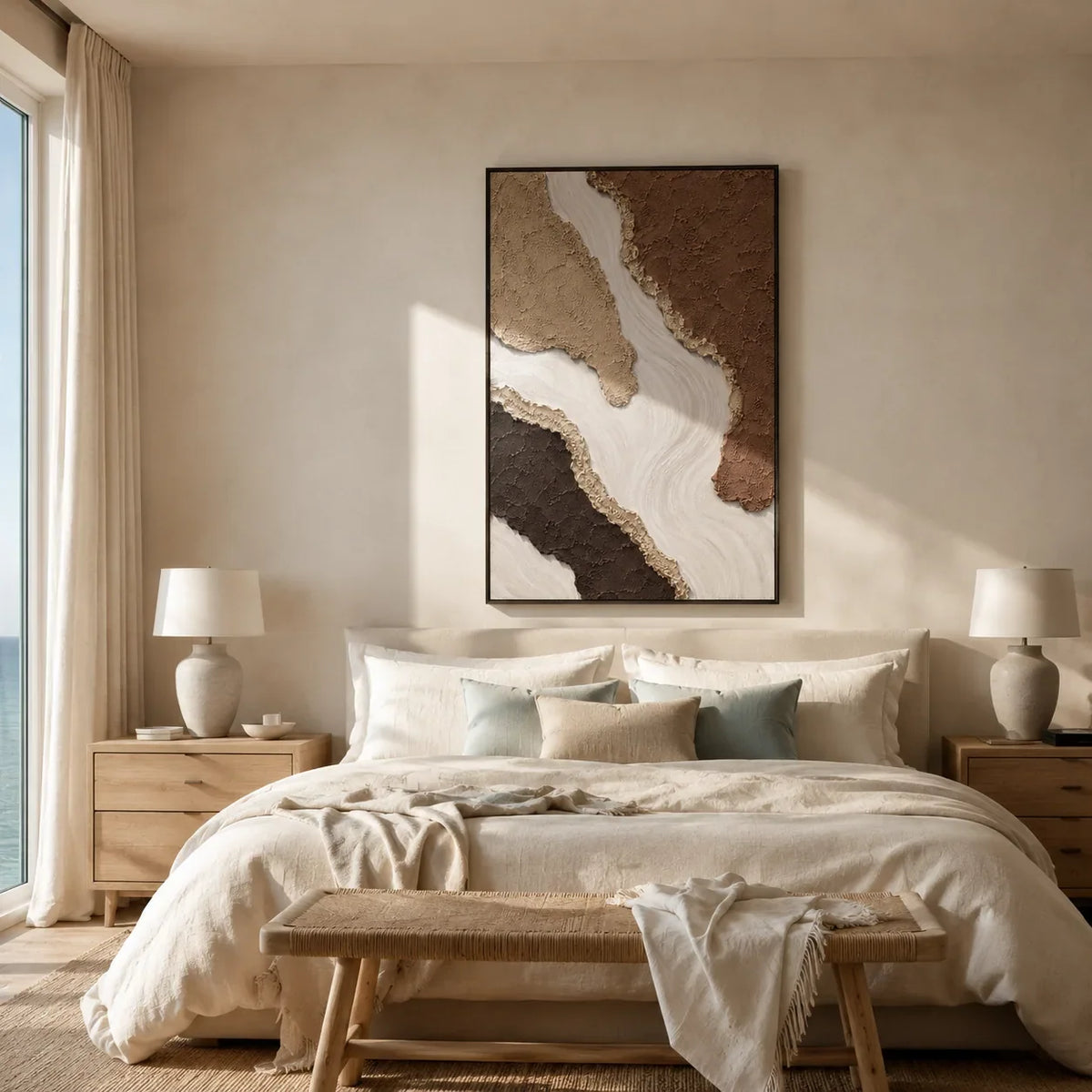 Canyon Flow Textured Wall Art shown in a calm bedroom setting | Olyrel