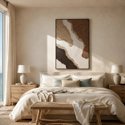 Canyon Flow Textured Wall Art shown in a calm bedroom setting | Olyrel