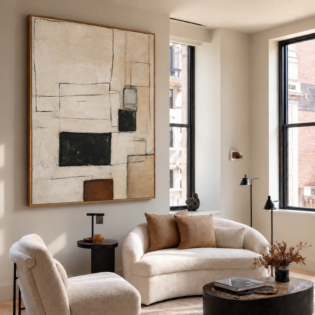 Fine Rectangles with Black and Umber Blocks Wall Art styled interior scene 2 | Olyrel