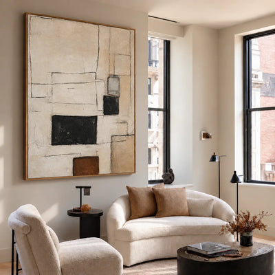 Fine Rectangles with Black and Umber Blocks Wall Art styled interior scene 2 | Olyrel