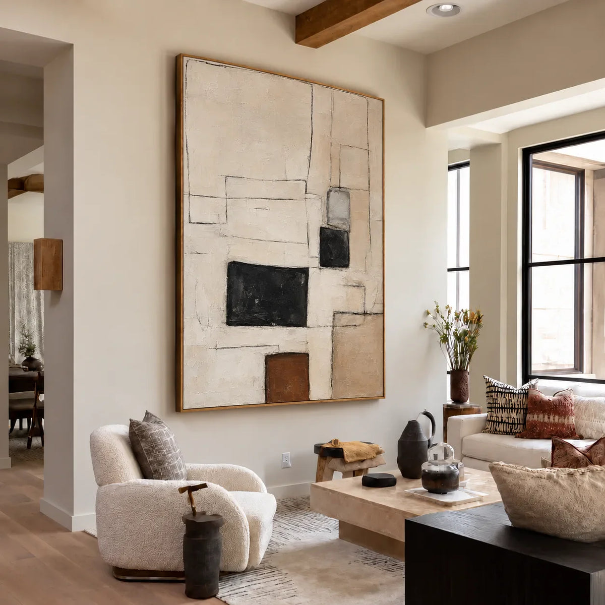 Fine Rectangles with Black and Umber Blocks Wall Art styled interior scene 4 | Olyrel