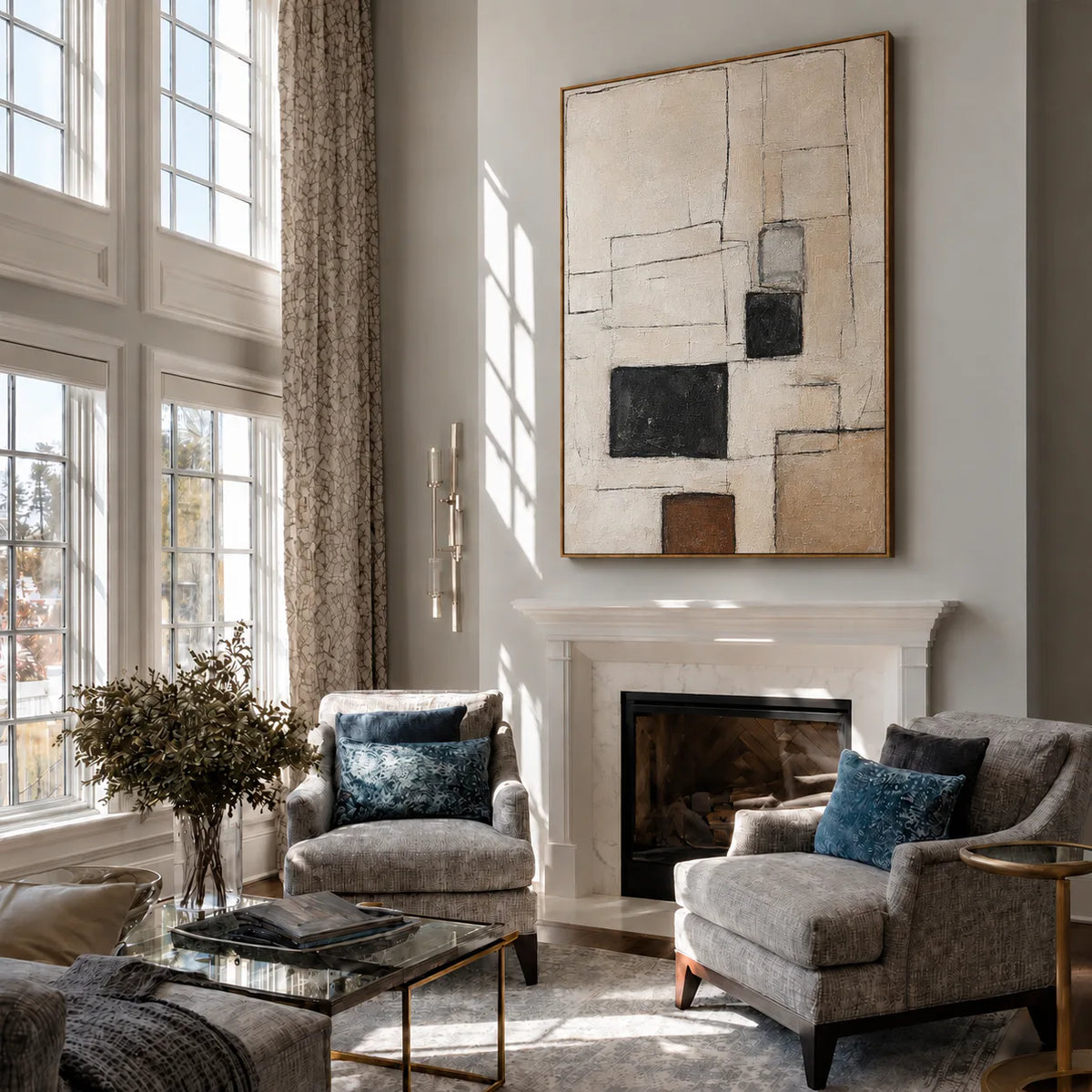 Fine Rectangles with Black and Umber Blocks Wall Art styled interior scene 5 | Olyrel