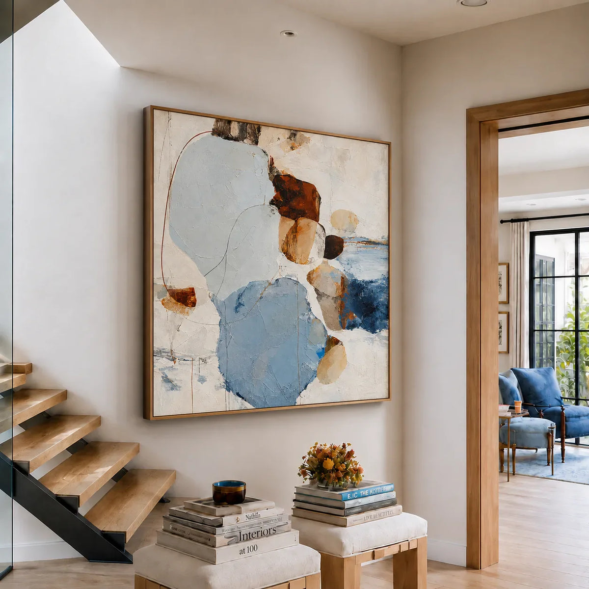 Pale Blue Pebble Forms with Rust Accents Wall Art styled interior scene 2 | Olyrel
