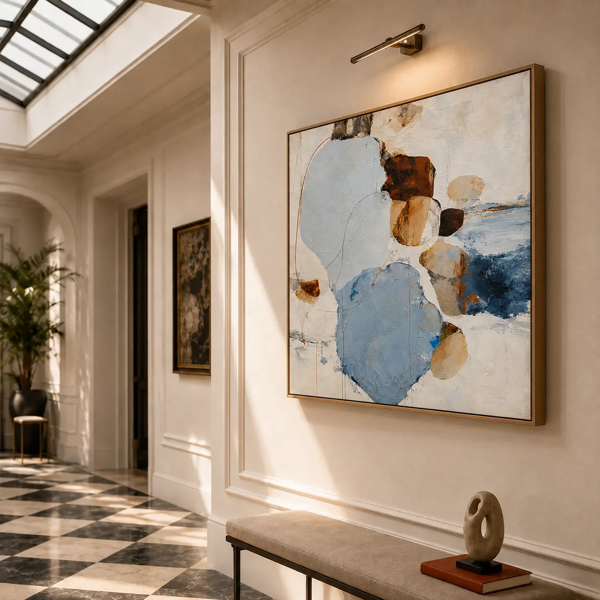 Pale Blue Pebble Forms with Rust Accents Wall Art styled interior scene 3 | Olyrel