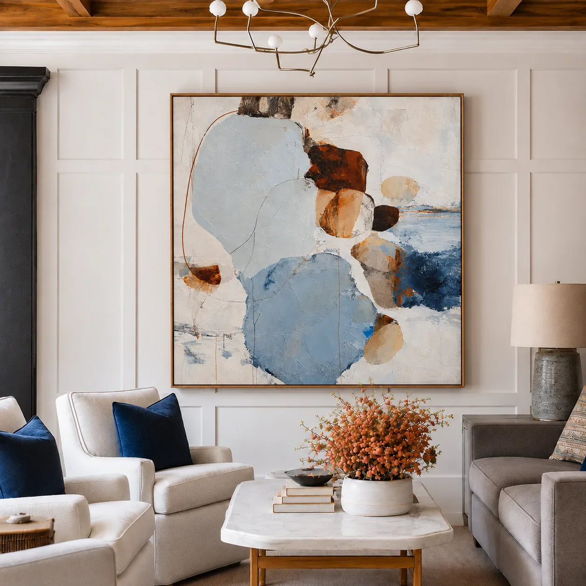 Pale Blue Pebble Forms with Rust Accents Wall Art styled interior scene 4 | Olyrel