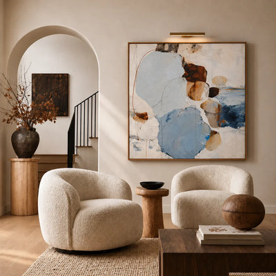 Pale Blue Pebble Forms with Rust Accents Wall Art styled interior scene 5 | Olyrel