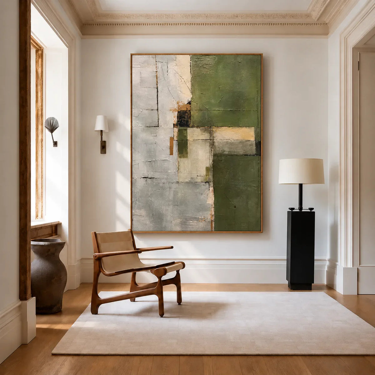 Olive Green Planes and Pale Stone Layers Wall Art styled interior scene 1 | Olyrel
