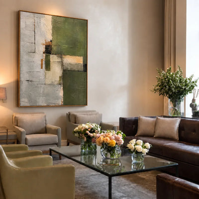 Olive Green Planes and Pale Stone Layers Wall Art styled interior scene 2 | Olyrel