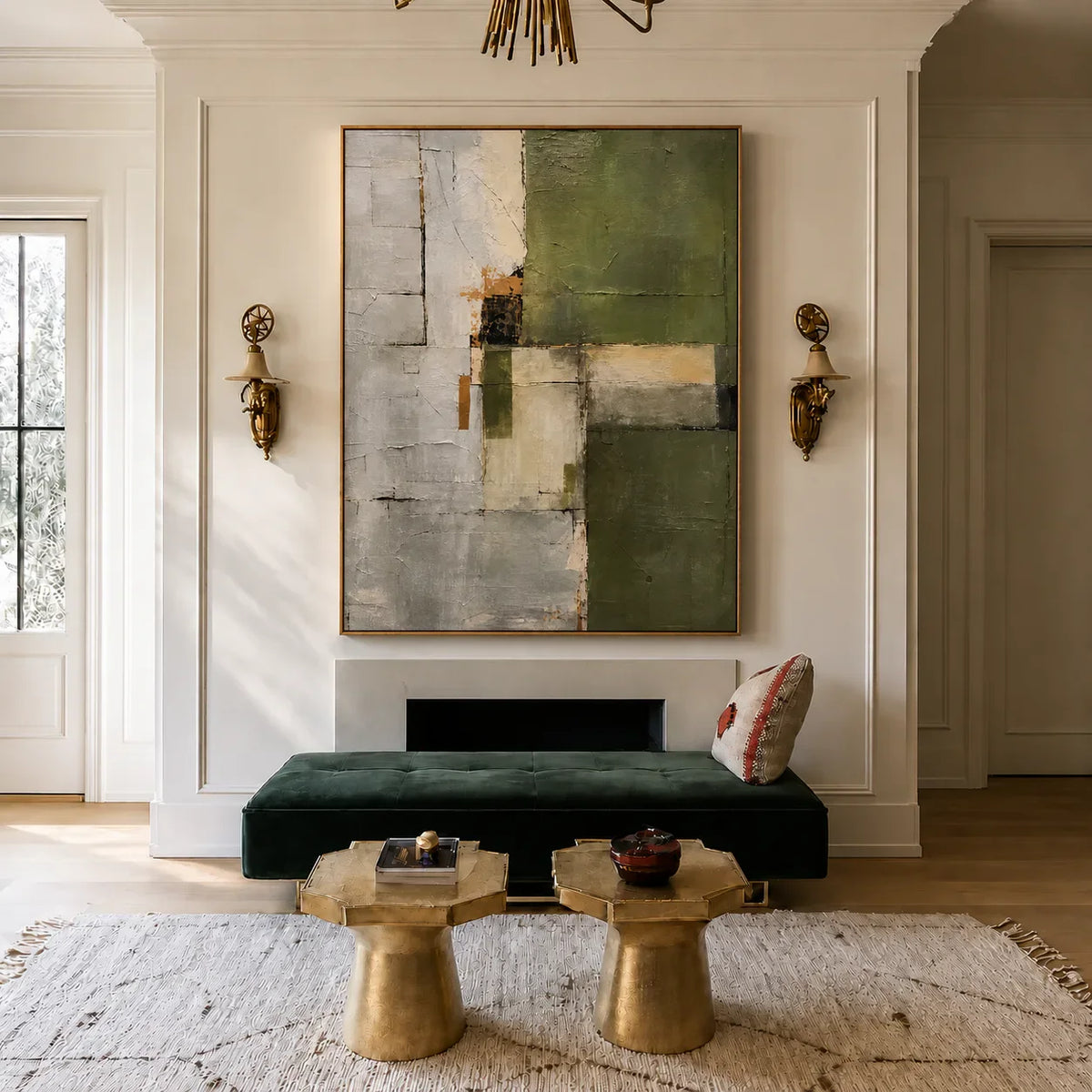 Olive Green Planes and Pale Stone Layers Wall Art styled interior scene 5 | Olyrel
