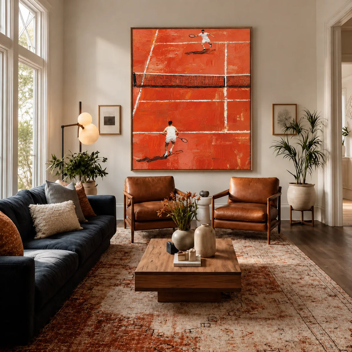 Sunlit Tennis Rally on an Orange Court Wall Art styled interior scene 1 | Olyrel