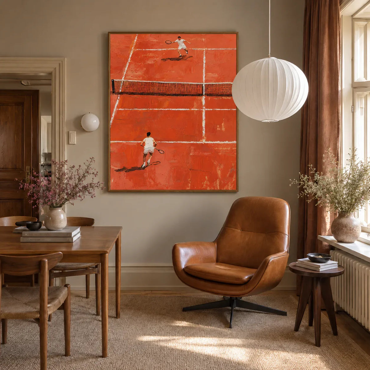 Sunlit Tennis Rally on an Orange Court Wall Art styled interior scene 2 | Olyrel
