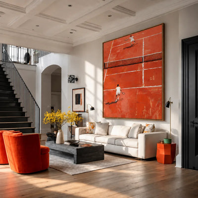Sunlit Tennis Rally on an Orange Court Wall Art styled interior scene 3 | Olyrel