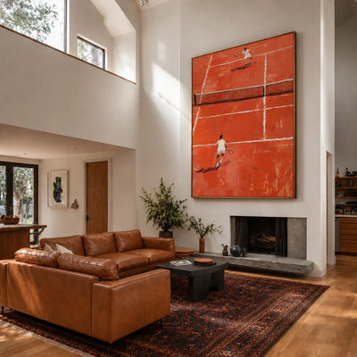 Sunlit Tennis Rally on an Orange Court Wall Art styled interior scene 4 | Olyrel