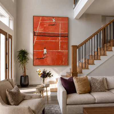 Sunlit Tennis Rally on an Orange Court Wall Art styled interior scene 5 | Olyrel