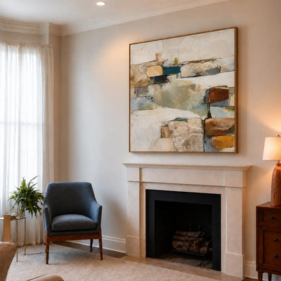 Teal and Ochre Textured Abstract Wall Art styled interior scene 1 | Olyrel