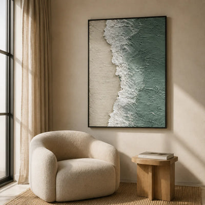 Seafoam Edge Coastal Wall Art styled in a reading corner | Olyrel