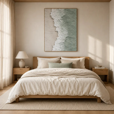 Seafoam Edge Coastal Wall Art styled in a bedroom | Olyrel