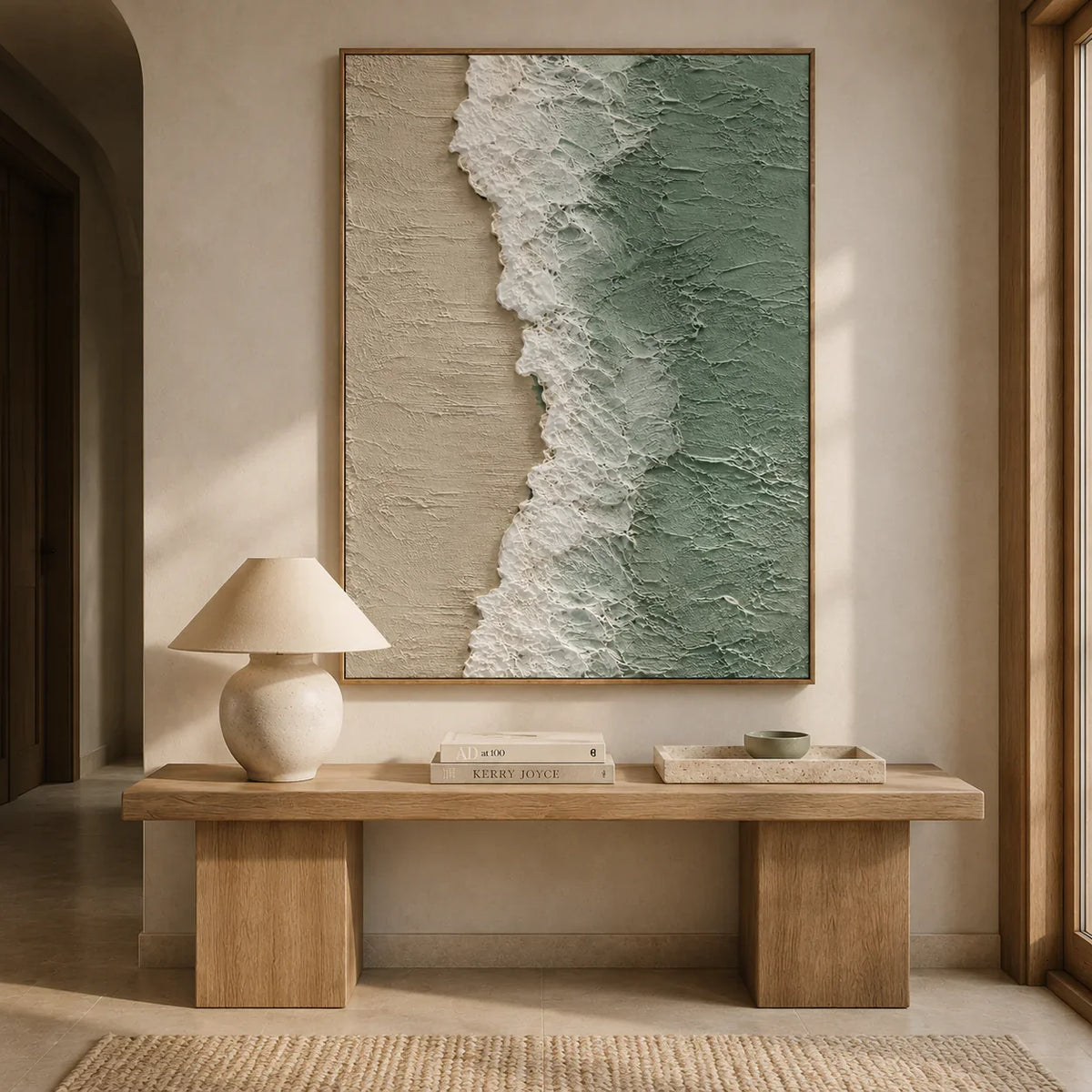Seafoam Edge Coastal Wall Art styled in a entryway | Olyrel