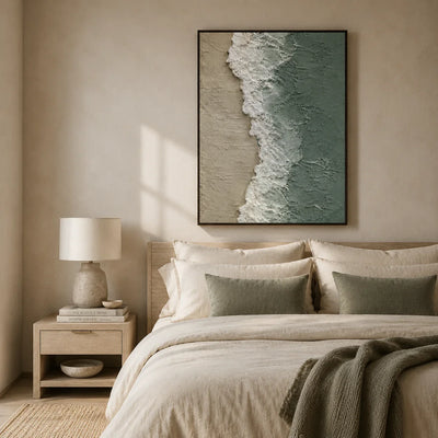 Seafoam Edge Coastal Wall Art styled in a bedroom | Olyrel