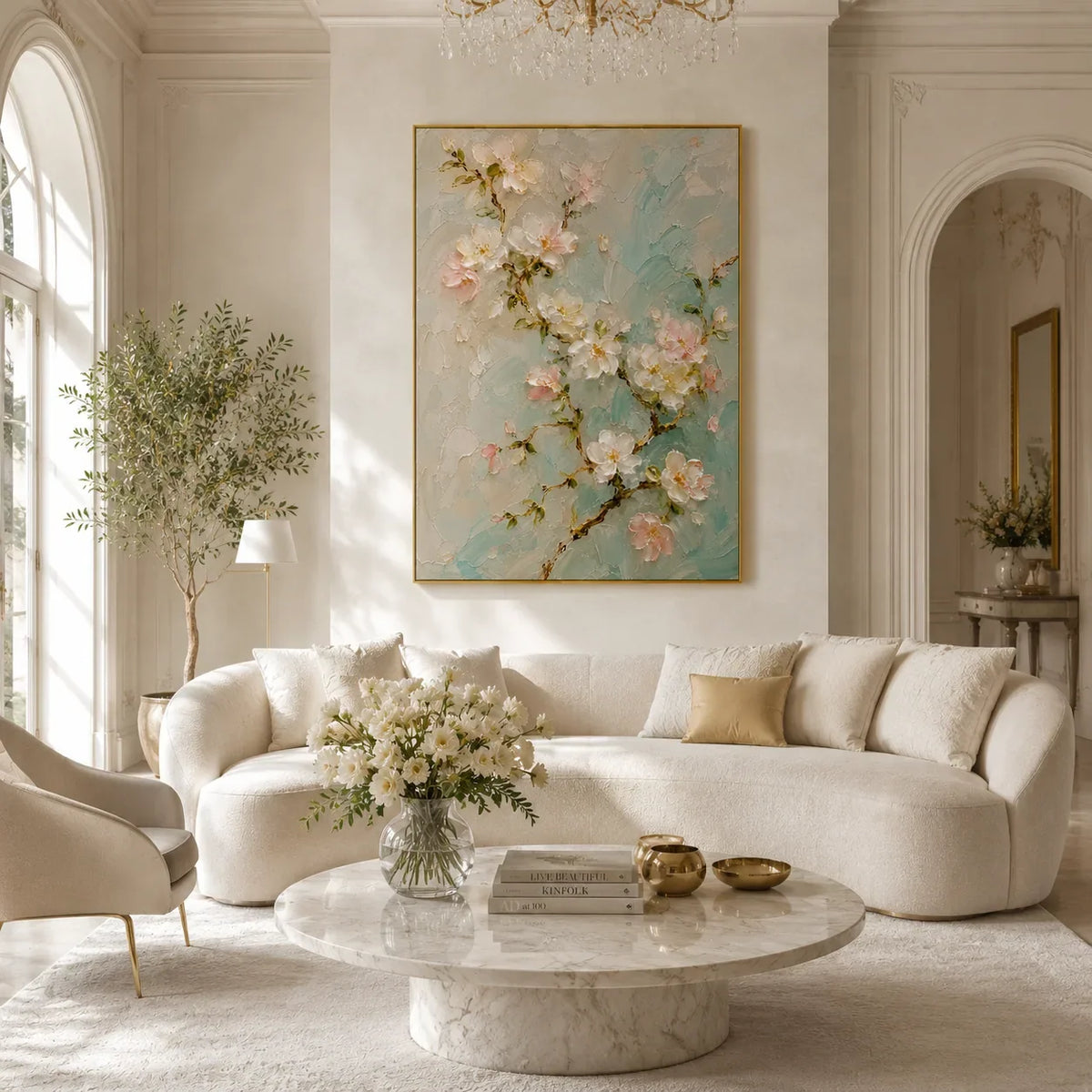 Aqua Blossom Floral Wall Art displayed above a sofa in a neutral interior | Olyrel