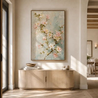 Aqua Blossom Floral Wall Art styled in a contemporary entryway | Olyrel