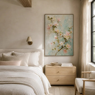 Aqua Blossom Floral Wall Art displayed in a bright dining room | Olyrel