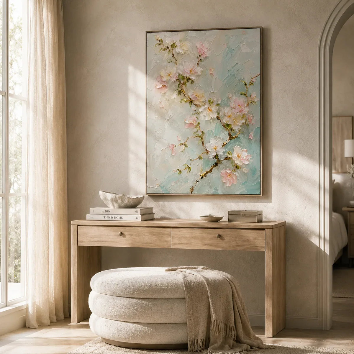 Aqua Blossom Floral Wall Art shown in a quiet home office | Olyrel