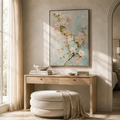 Aqua Blossom Floral Wall Art shown in a quiet home office | Olyrel