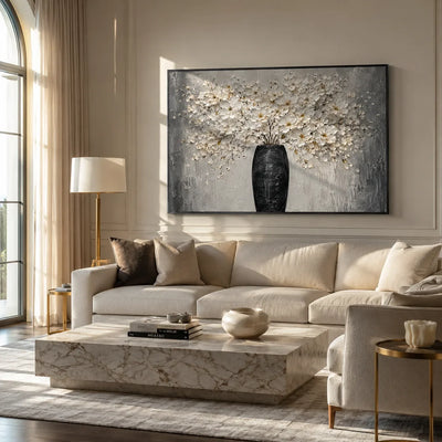 Ivory Bloom Vase Wall Art shown in a calm bedroom setting | Olyrel