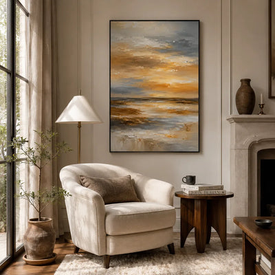 Amber Sky Coastal Wall Art displayed above a sofa in a neutral interior | Olyrel
