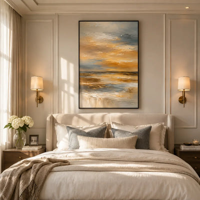 Amber Sky Coastal Wall Art shown in a calm bedroom setting | Olyrel