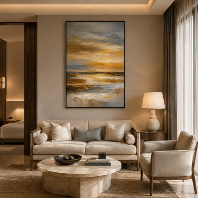 Amber Sky Coastal Wall Art displayed in a bright dining room | Olyrel