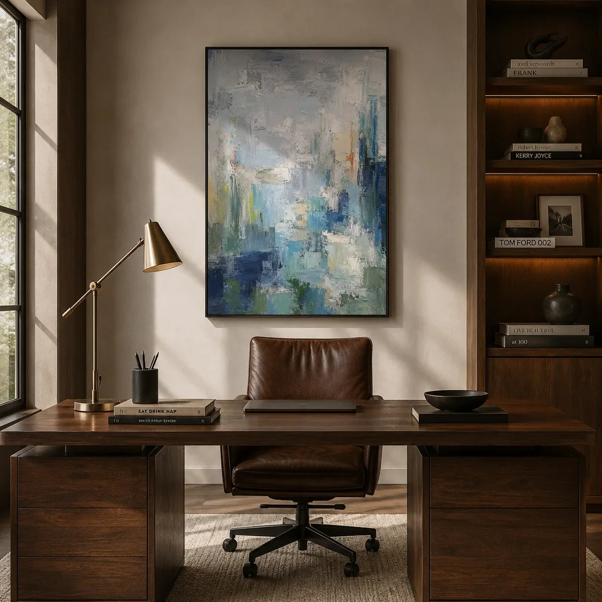 Mist Cityscape Abstract Wall Art styled in a modern living room | Olyrel