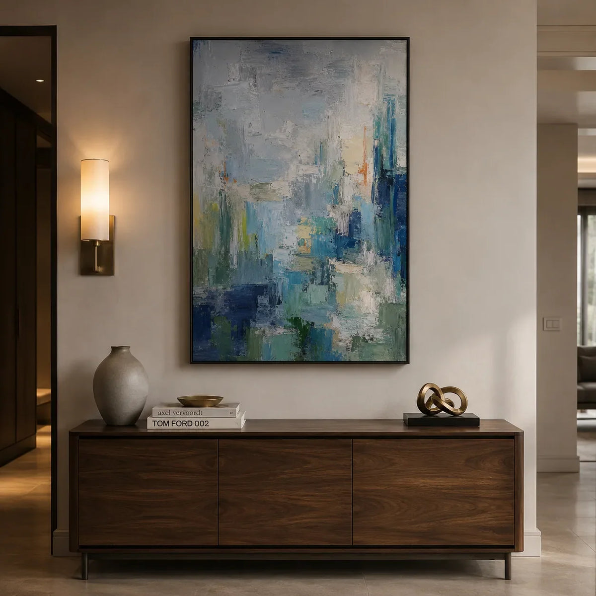 Mist Cityscape Abstract Wall Art styled in a contemporary entryway | Olyrel