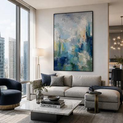 Mist Cityscape Abstract Wall Art styled in a contemporary entryway | Olyrel