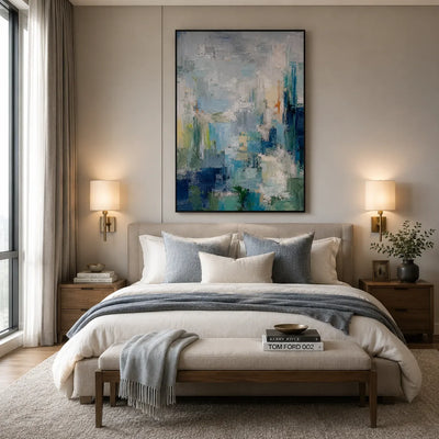 Mist Cityscape Abstract Wall Art displayed in a bright dining room | Olyrel